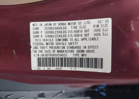 2005 Honda Cr-V Lx from USA, damaged, VIN JHLRD78565C034523